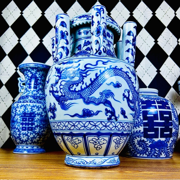Grand Tulipière 15” Blue & White Chinoiserie Dragon Vase Porcelain Multi-Spout - Picture 7 of 17